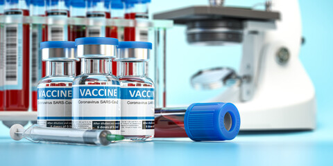 Covid 19 coronavirus vaccine with blood test and microscope