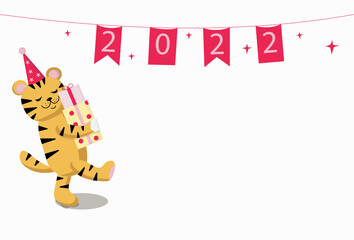 Holiday Chinese New Year, Christmas. Cartoon tiger with gifts in boxes. Symbol of the year.Vector illustration.White isolated background.