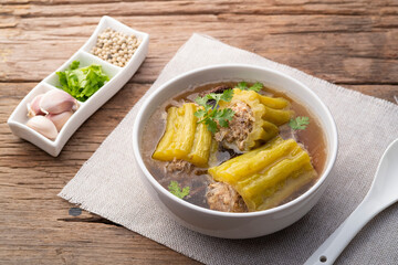 Stuffed bitter gourd with seasoned minced pork soup and Glass Noodles (Gang Jeud Mara Sai Moo)