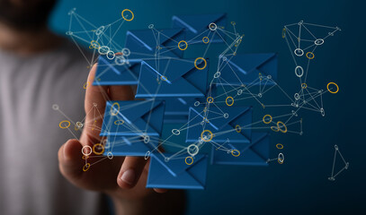 Abstract virtual postal envelopes sketch on blurry office buildings background, e-mail and marketing