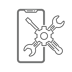 Smartphone repair icon. Screwdriver and wrench on mobile icon. Black service icon. Vector illustration.