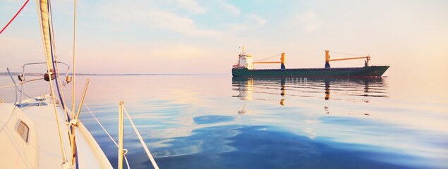 Large cargo ship sailing in the Baltic sea at sunset. Soft golden sunlight. Concept seascape....