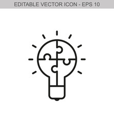 Obraz premium Light bulb with puzzle concept. Editable stroke line icon. Vector illustration