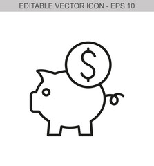 Piggy bank with a dollar coin. Editable stroke line icon. Vector illustration