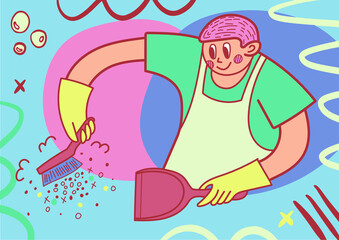 The cleaner removes the rubbish with a scoop and broom
