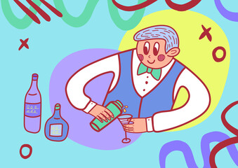 A bartender in a tuxedo prepares cocktails
