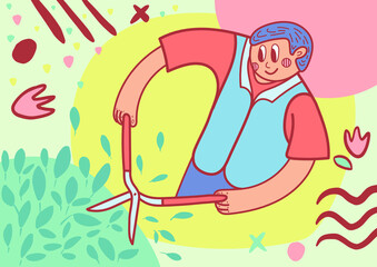 The gardener cuts the bush with garden shears
