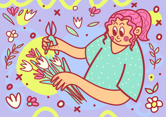 The florist composes a flower arrangement
