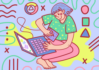 The designer draws on a tablet connected to a laptop
