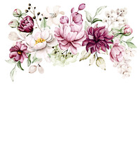 Watercolor flowers peonies, floral border bouquet for greeting card, invitation and other printing design. Isolated on white. Hand drawing.