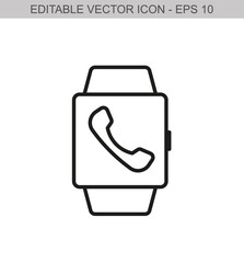 Obraz premium Smart watch with handset sign. Editable stroke line icon. Vector illustration