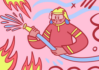 A firefighter extinguishes a fire with a hose in his hand
