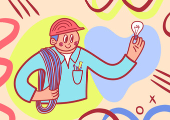 Electrician in uniform with wires and a light bulb in his hand
