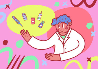 A pharmacist in a white coat shows medicines
