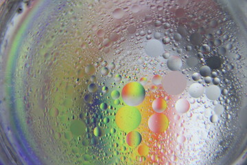 Close view of oil bubble. Macro of colorful oil bubble. Beautiful background of oil bubble. 
