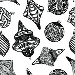 Sketched christmas balls seamless vector pattern. Ink hand drawn christmas tree decoration. Black and white.