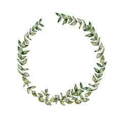 Watercolor eucalyptus wreath, garland. Wedding eucalyptus design frame, circle logo. Rustic greenery. Mint, blue tones. Hand painted branch,  leaves isolated on white background, trendy branding - 464842869