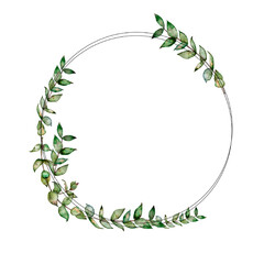 Watercolor eucalyptus wreath, garland. Wedding eucalyptus design frame, circle logo. Rustic greenery. Mint, blue tones. Hand painted branch,  leaves isolated on white background, trendy branding - 464842878