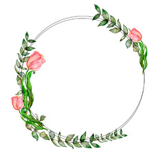 Watercolor eucalyptus wreath with , garland. Wedding eucalyptus design frame, circle logo. Rustic greenery. Mint, blue tones. Hand painted branch,  leaves isolated on white background, trendy branding - 464842881