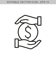 Two hands hold a coin. Editable stroke line icon. Vector illustration