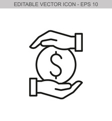Two hands hold a coin. Editable stroke line icon. Vector illustration