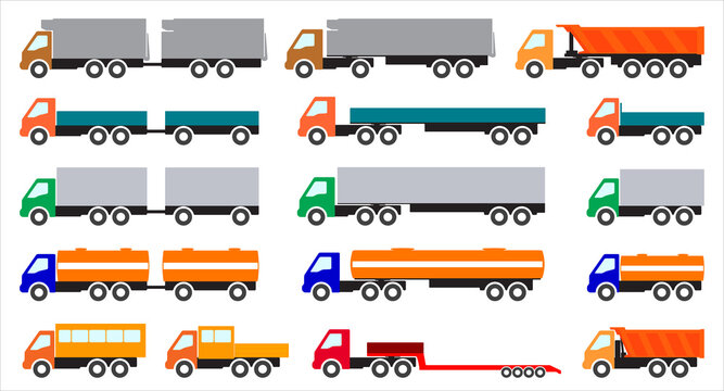 Set of color images of trucks on a white background.
