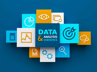 3D render of top view of DATA ANALYSIS & STATISTICS concept with symbols on colorful cubes on dark blue background