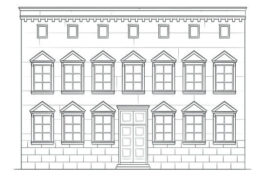 Drawing of tenement building - black and white illustration