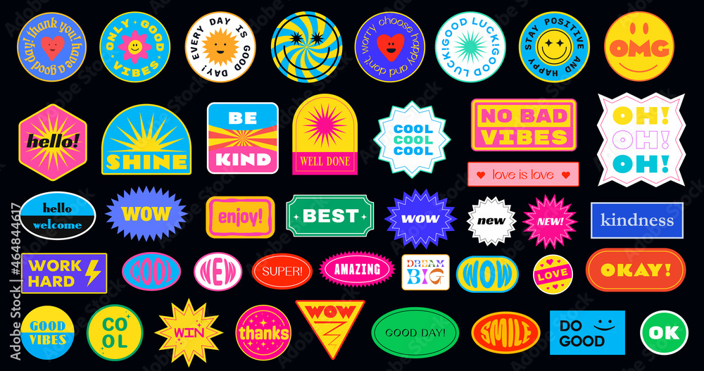 Poster sticker pack. collection of trendy pins. set of cool patches vector design. abstract retro badges.