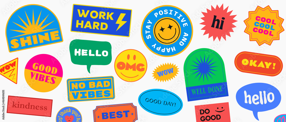 Aufkleber cool trendy patches vector design. abstract background with stickers. good vibes, work hard, shine a