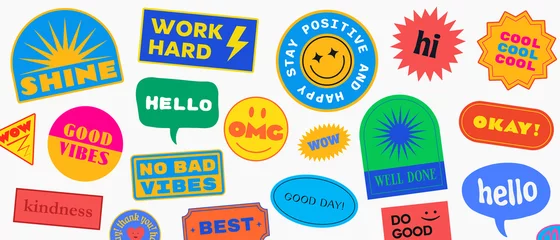 Fotobehang Cool Trendy Patches Vector Design. Abstract background with stickers. Good Vibes, Work Hard, Shine and Stay Positive Badges. © t1m0n344