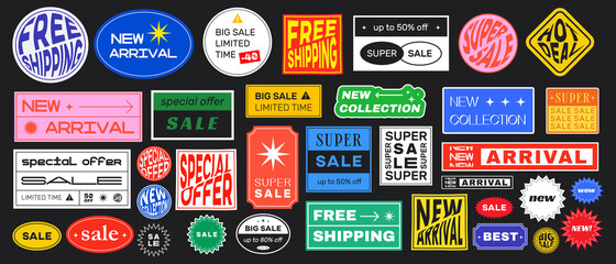 Set of Sale Stickers Retro Design. Cool Trendy Discount labels. Vector Special Offer Badges.