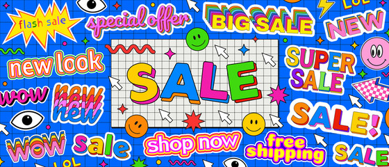 Cool Trendy Colorful Sale Banner Background with Comic Stickers.