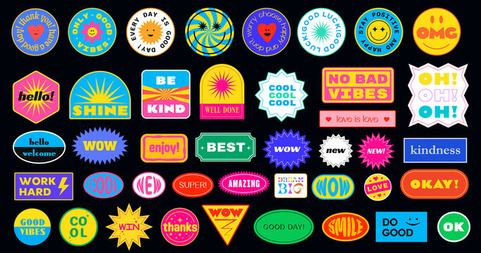 Sticker Pack. Collection of trendy pins. Set of cool patches vector design. Abstract retro badges.