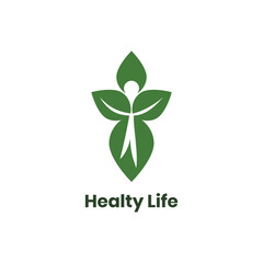 Leaf symbol with happy human silhouette. Nature leaves logo for sport, fitness, medical or health care center logo design concept.