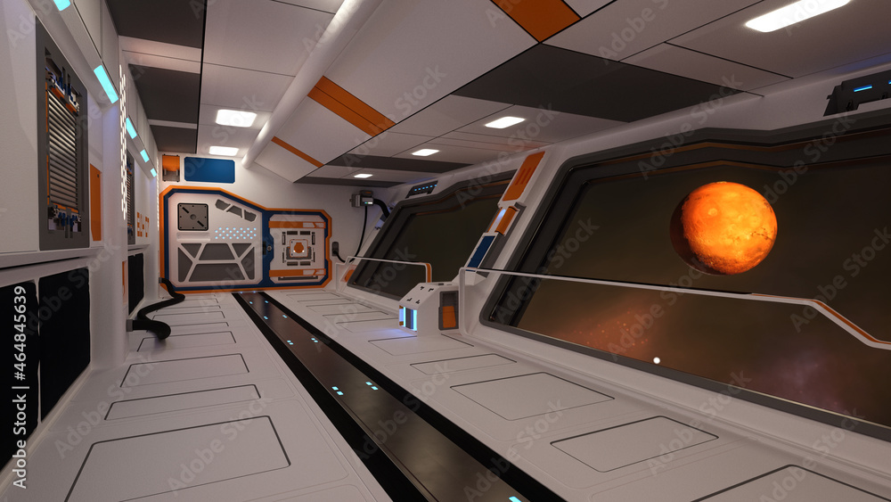 Aufkleber 3D rendering of a view of the red planet Mars through the window of a space ship.
