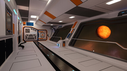 3D rendering of a view of the red planet Mars through the window of a space ship.