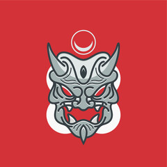 Traditional Style Japanese Hannya Mask Tattoo Line Drawing Vector Illustration