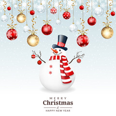 Christmas greeting card with snowman and Christmas balls.