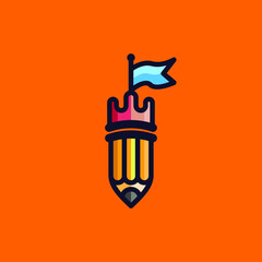 Flat, Modern, Smart, Abstract, Geometric, Cartoon Colorful Pencil Fortress Logo Icon Design Illustration