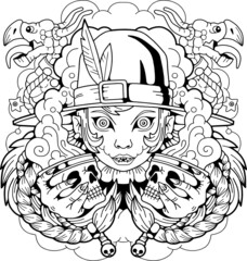 scary fairy tale witch, outline illustration, design