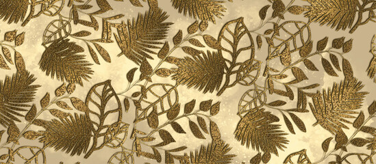 Golden leaves hammered texture background pattern with gradient and beautiful glow.