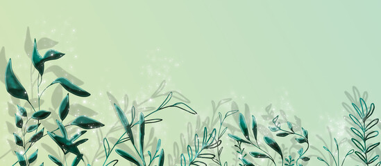 Fototapeta na wymiar Green leaves with shadows and shiny elements and glitter effect on light yellow-green gradient. Space for your own design.