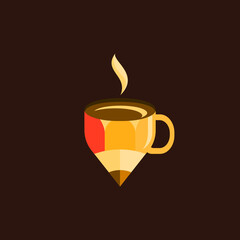 Flat, Colorful, Playful, Smart, Modern, Coffee Pencil Cup Vector Logo Icon Illustration