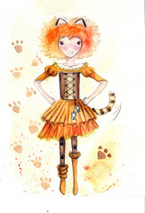 watercolor illustration of an anime character female