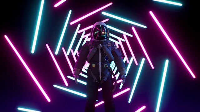 Astronaut in infinite neon tunnel corridor. Neon laser lights. Retrowave loop