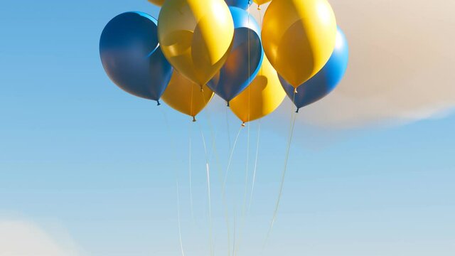 Blue and yellow balloons lifting a gift box into a bright blue sky