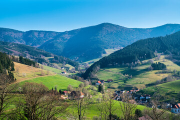 Fototapeta na wymiar Germany, Schwarzwald panorama view above green tree covered mountains and valleys with blue sky in early morning in little village