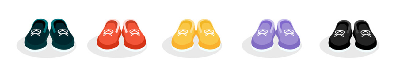 Set of sneakers in red, black, yellow, purple colors on an isolated background. Vector illustration of bright shoes. Flat design.