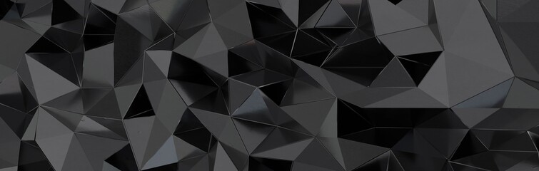 3d render, abstract black crystal background, faceted texture, macro panorama, wide panoramic polygonal wallpaper